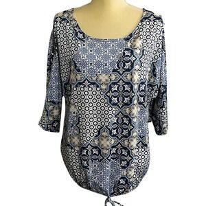 PerSeption Concept Women's Blouse Top Cutout Sleeve Blue Patterned Size Large